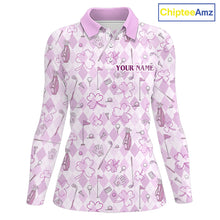 Load image into Gallery viewer, Custom Women’s Long Sleeve Golf Polo Shirt Lucky Shamrock Argyle Pattern Personalized Team Name