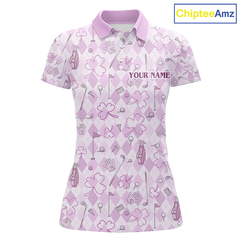 Custom Women’s Long Sleeve Golf Polo Shirt Lucky Shamrock Argyle Pattern Personalized Team Name|Pink NHT970 - Women's Shor...