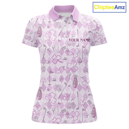 Custom Women’s Long Sleeve Golf Polo Shirt Lucky Shamrock Argyle Pattern Personalized Team Name|Pink NHT970 - Women's Shor...