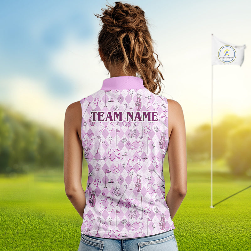 Custom Women's Sleeveless Golf Polo Shirt Lucky Shamrock Argyle Pattern Personalized Team Name