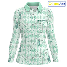 Load image into Gallery viewer, Custom Women’s Long Sleeve Golf Polo Shirt Lucky Shamrock Argyle Pattern Personalized Team Name