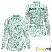 Load image into Gallery viewer, Custom Women’s Long Sleeve Golf Polo Shirt Lucky Shamrock Argyle Pattern Personalized Team Name
