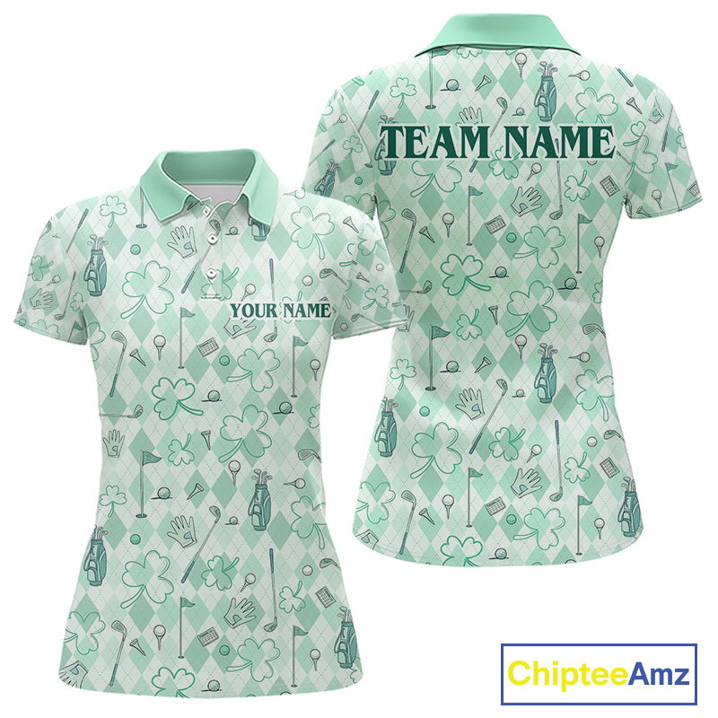 Custom Women’s Long Sleeve Golf Polo Shirt Lucky Shamrock Argyle Pattern Personalized Team Name