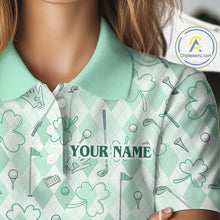 Load image into Gallery viewer, Custom Women’s Long Sleeve Golf Polo Shirt Lucky Shamrock Argyle Pattern Personalized Team Name
