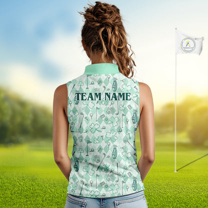 Custom Women's Sleeveless Golf Polo Shirt Lucky Shamrock Argyle Pattern Personalized Team Name