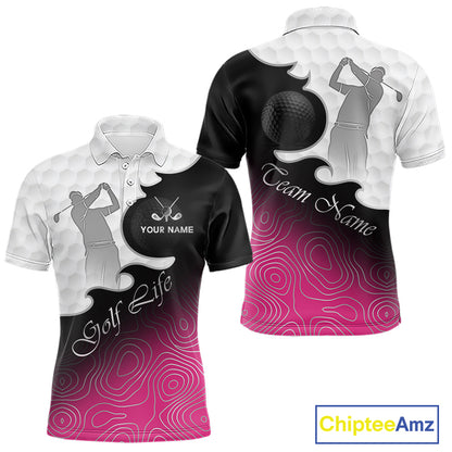Custom Mens Golf Polo Shirt Pink Black Gradient, Personalized Name Golf Shirt, Gift For Golfer NHT825