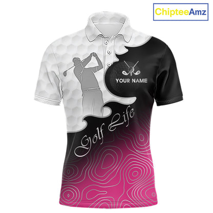 Custom Mens Golf Polo Shirt Pink Black Gradient, Personalized Name Golf Shirt, Gift For Golfer NHT825