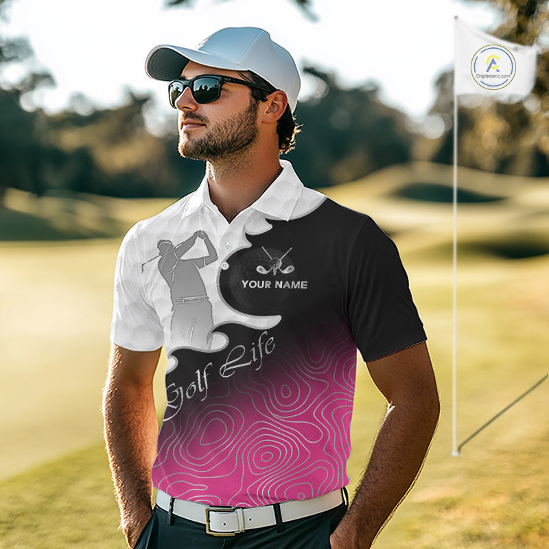 Custom Mens Golf Polo Shirt Pink Black Gradient, Personalized Name Golf Shirt, Gift For Golfer NHT825