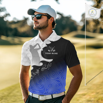 Custom Mens Golf Polo Shirt Blue Black Gradient, Personalized Name Golf Shirt, Gift For Golfer NHT826