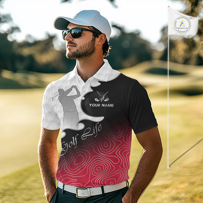 Custom Mens Golf Polo Shirt Red Black Gradient, Personalized Name Golf Shirt, Gift For Golfer NHT827