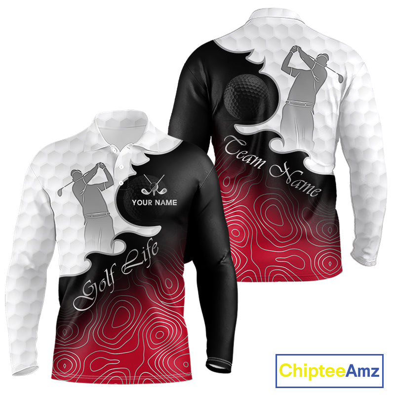 Custom Mens Golf Polo Shirt Red Black Gradient, Personalized Name Golf Shirt, Gift For Golfer NHT827