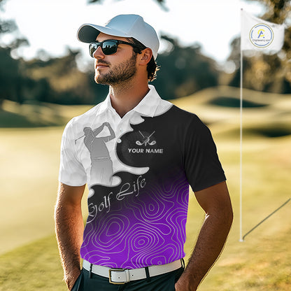 Custom Mens Golf Polo Shirt Purple Black Gradient, Personalized Name Golf Shirt, Gift For Golfer NHT828