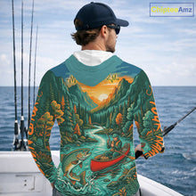 Load image into Gallery viewer, Man wearing a hoodie with a nature-themed design while fishing on a boat.