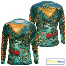 Load image into Gallery viewer, Long-sleeve shirt with nature-themed design featuring mountains, river, and fisherman, branded 'Chiptee Amz'.