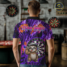 Load image into Gallery viewer, Person wearing a colorful polo shirt with a cartoon sloth holding a dart and a dartboard design.