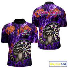 Load image into Gallery viewer, Purple sports jersey with raccoon design and customizable text on a white background