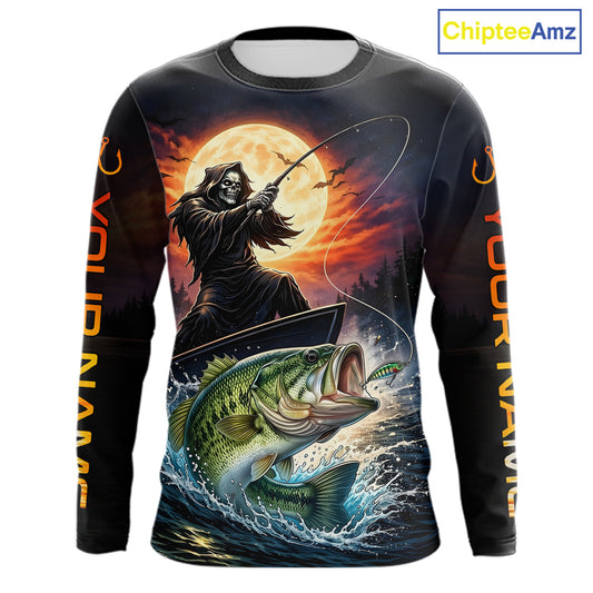 Personalized Fish Reaper Fishing Shirts Jerseys, Fish Reaper Sunset Bass Fishing Shirts Long Sleeve NHT829