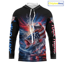 Load image into Gallery viewer, Patriotic Bass Fishing Long Sleeve Hooded Shirt – American Flag Design For Men