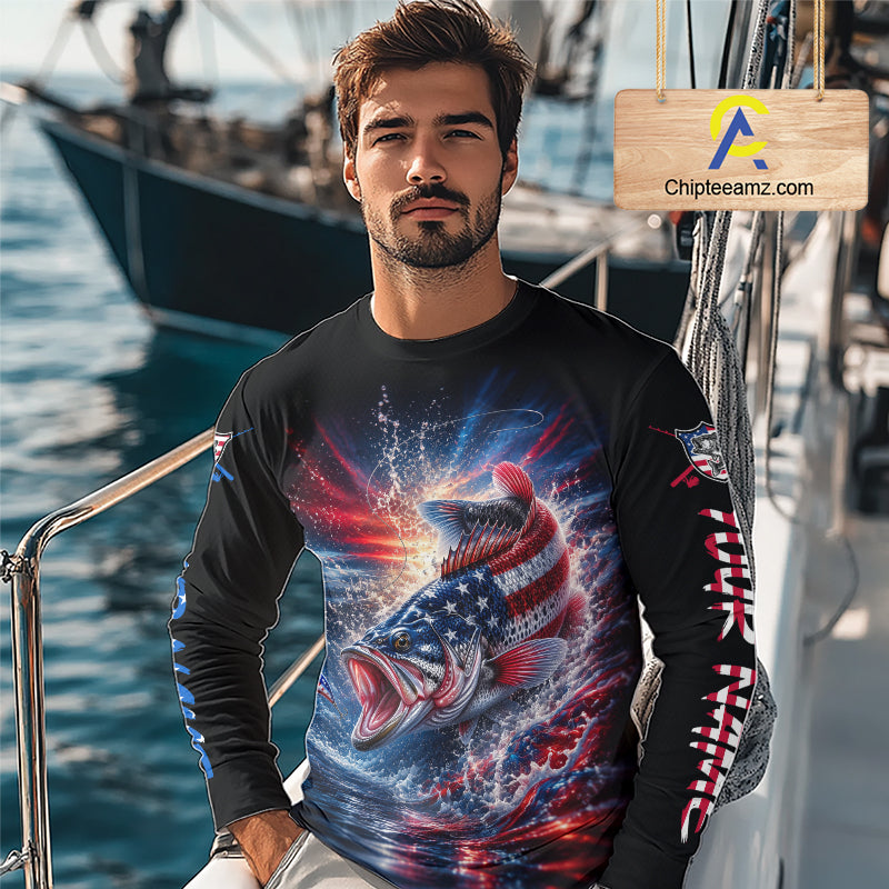Patriotic Bass Fishing Long Sleeve Shirt – American Flag Design For Men