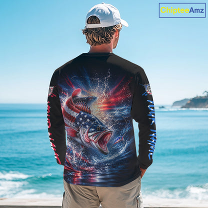 Patriotic Bass Fishing Long Sleeve Shirt – American Flag Design For Men