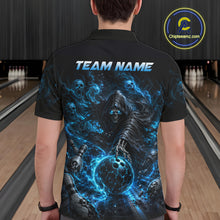 Load image into Gallery viewer, Man wearing a black polo shirt with a blue graphic design in a bowling alley.