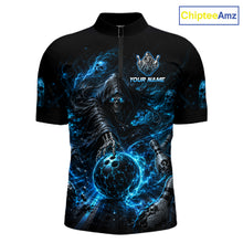Load image into Gallery viewer, Custom Blue Fire Grim Reaper Bowling Jersey for Men | Team Polo &amp; 1/4 Zip