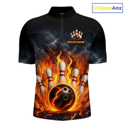 A short-sleeve zip-front shirt with a black collar, featuring a dramatic bowling-themed flame graphic on the front. The design shows a black bowling ball with orange flames and white bowling pins with red stripes.