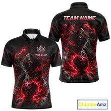 Load image into Gallery viewer, Black polo shirt with red and black design featuring a skeleton holding a ball, with 'Team Name' text on the back and space for personalization on the front.