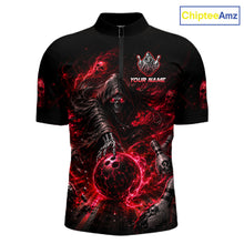 Load image into Gallery viewer, Black shirt with red and black design featuring a ghostly figure and bowling ball, with 'Chiptee Amz' branding.