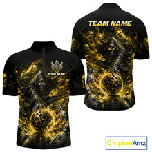 Load image into Gallery viewer, Black and gold shirt with grim reaper design and customizable text on a white background