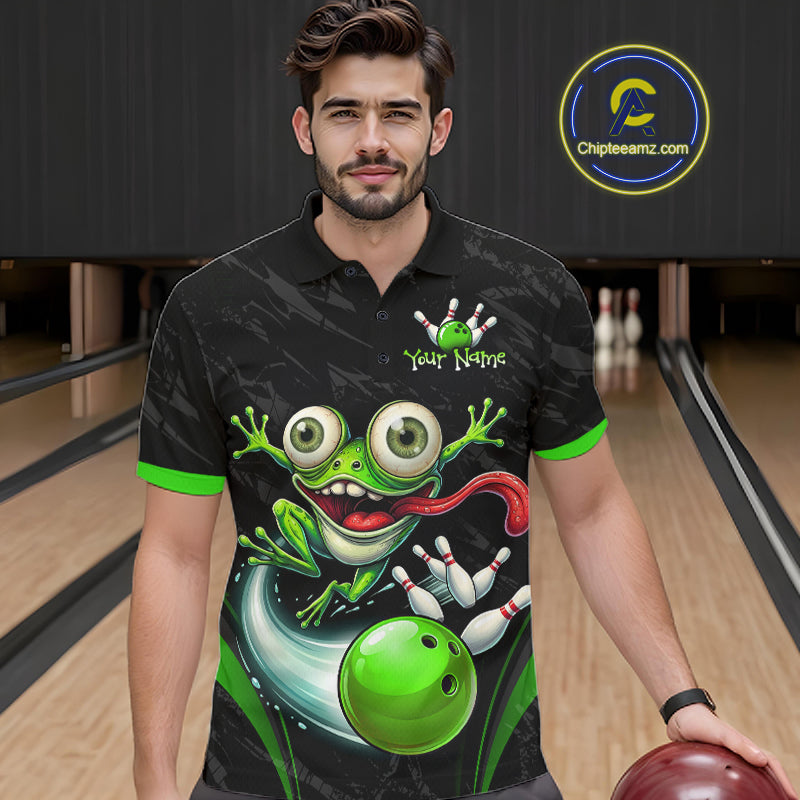 A man wearing a black bowling-themed polo shirt with a large green frog and bowling ball graphic on the front, standing in a bowling alley holding a bowling ball. A circular 'Chipteeamz