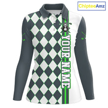 Load image into Gallery viewer, Long-sleeve shirt with argyle pattern and green text on a white background, branded 'ChipteeAmz'.