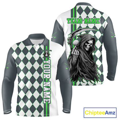 Long-sleeve shirt with a grim reaper design and checkered pattern, featuring 'Team Name' and 'Your Name' text on a white background.