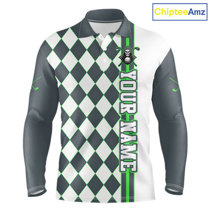 Long-sleeve shirt with argyle pattern and green text on a white background, branded 'ChipteeAmz'.