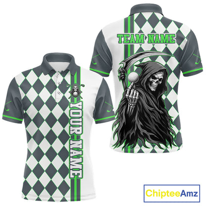 Customizable golf shirt with grim reaper design and argyle pattern, featuring 'Chiptee Amz' branding.