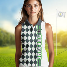 Load image into Gallery viewer, Woman wearing a custom golf shirt with a checkered pattern and text on a golf course background