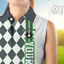 Load image into Gallery viewer, Person wearing a sleeveless polo shirt with a graphic design on a blurred golf course background