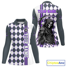 Load image into Gallery viewer, Long-sleeve shirt with checkered pattern and grim reaper design, customizable text on a white background.