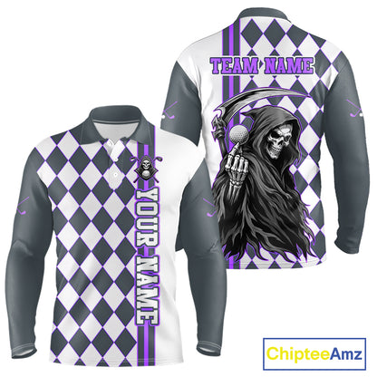 Long-sleeve shirt with a grim reaper design and checkered pattern, featuring customizable text on a white background.
