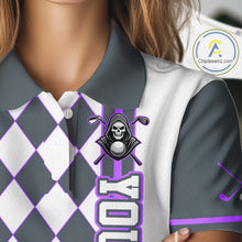 Load image into Gallery viewer, Gray and white checkered polo shirt with skull and golf club design on a mannequin.