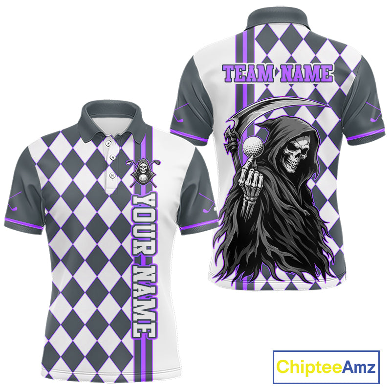 Personalized Skeleton Golf Polo Shirt For Mens - Funny Grim Reaper Golf Team Polo|Purple 