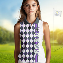 Load image into Gallery viewer, Woman wearing a checkered sleeveless golf shirt with 'Your Name' text on a golf course background