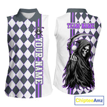 Load image into Gallery viewer, Personalized Skeleton Golf Polo Shirt For Womens Sleeveless - Funny Grim Reaper Golf Team Polo|Purple 
