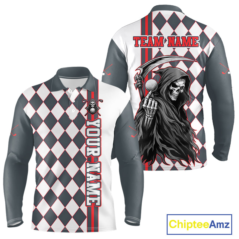 Long-sleeve shirt with checkered pattern and grim reaper design, featuring 'Your Name' and 'Team Name' text on a white background.