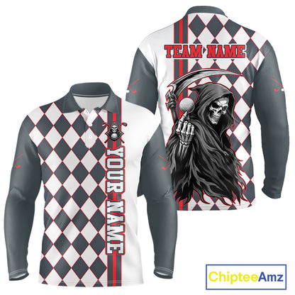 Long-sleeve shirt with checkered pattern and grim reaper design, featuring 'Your Name' and 'Team Name' text on a white background.