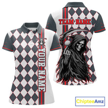 Load image into Gallery viewer, Polo shirt with checkered pattern and grim reaper design, customizable text on a white background.