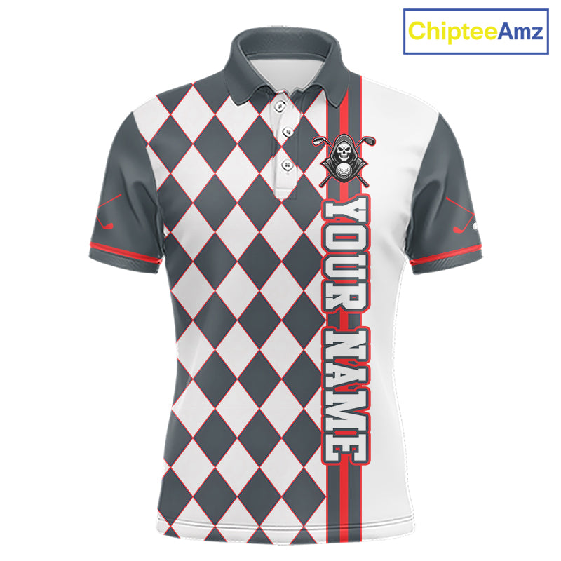 Harlequin-patterned polo shirt with red accents and 'Your Name' text on a white background, branded 'ChipteeAmz'.