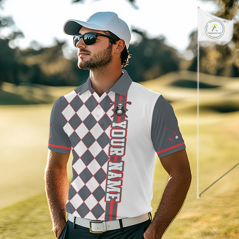 Man wearing a custom golf shirt with 'Your Name' on a golf course