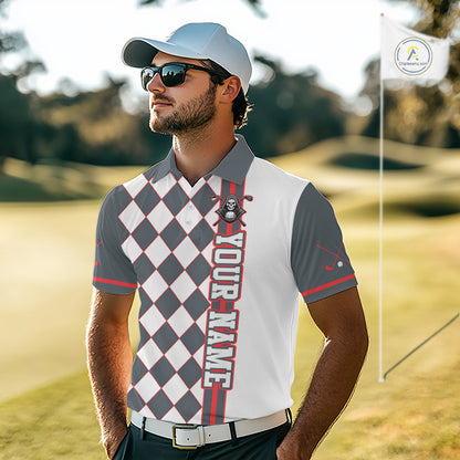 Man wearing a custom golf shirt with 'Your Name' on a golf course