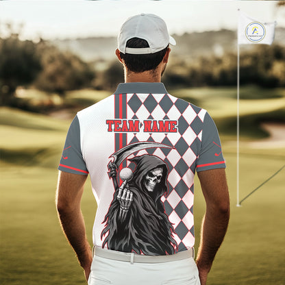 Man wearing a golf shirt with a graphic design and 'Team Name' text on a golf course.